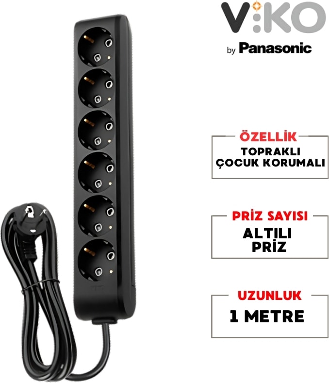 | Altılı Grup Priz, Topraklı - Çocuk Korumalı Çoğaltıcı Priz, 6'lı, 1 M, Siyah