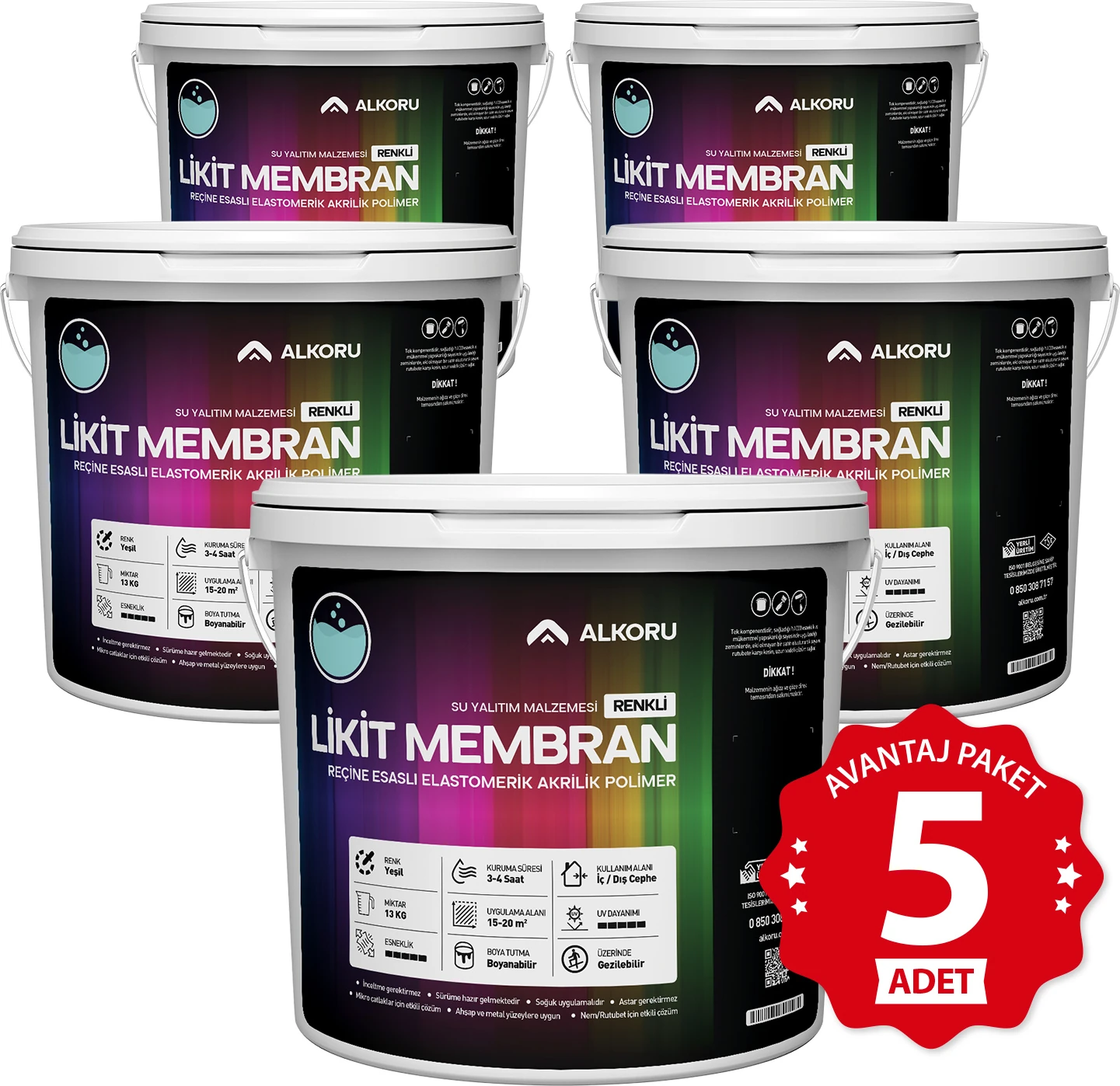 5 Adet 13 kg Yeşil Likit Membran Renkli Reçine Esaslı Sıvı Su Yalıtım Malzemesi Avantaj Paket