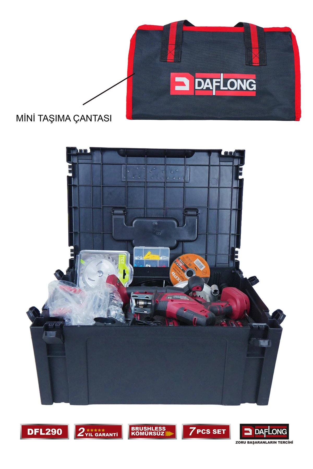 PRO 4 BATARYALI TAŞIMA ÇANTALI 7'Lİ USTA SETİ TİLKİ KUYRUĞU+DEKUPAJ+SUNTA MAKİNASI DFL-290