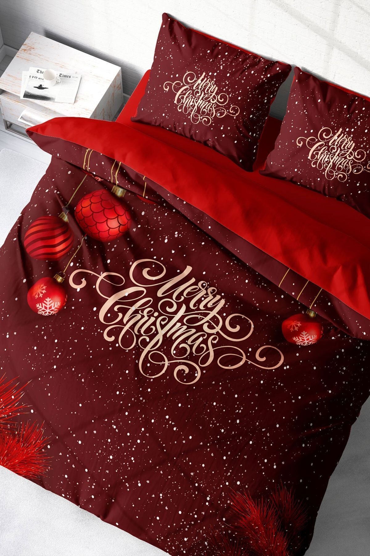 Yılbaşı Nevresim Takım %100 Doğal Pamuk Merry Christmas Çift Kişilik Red Ball