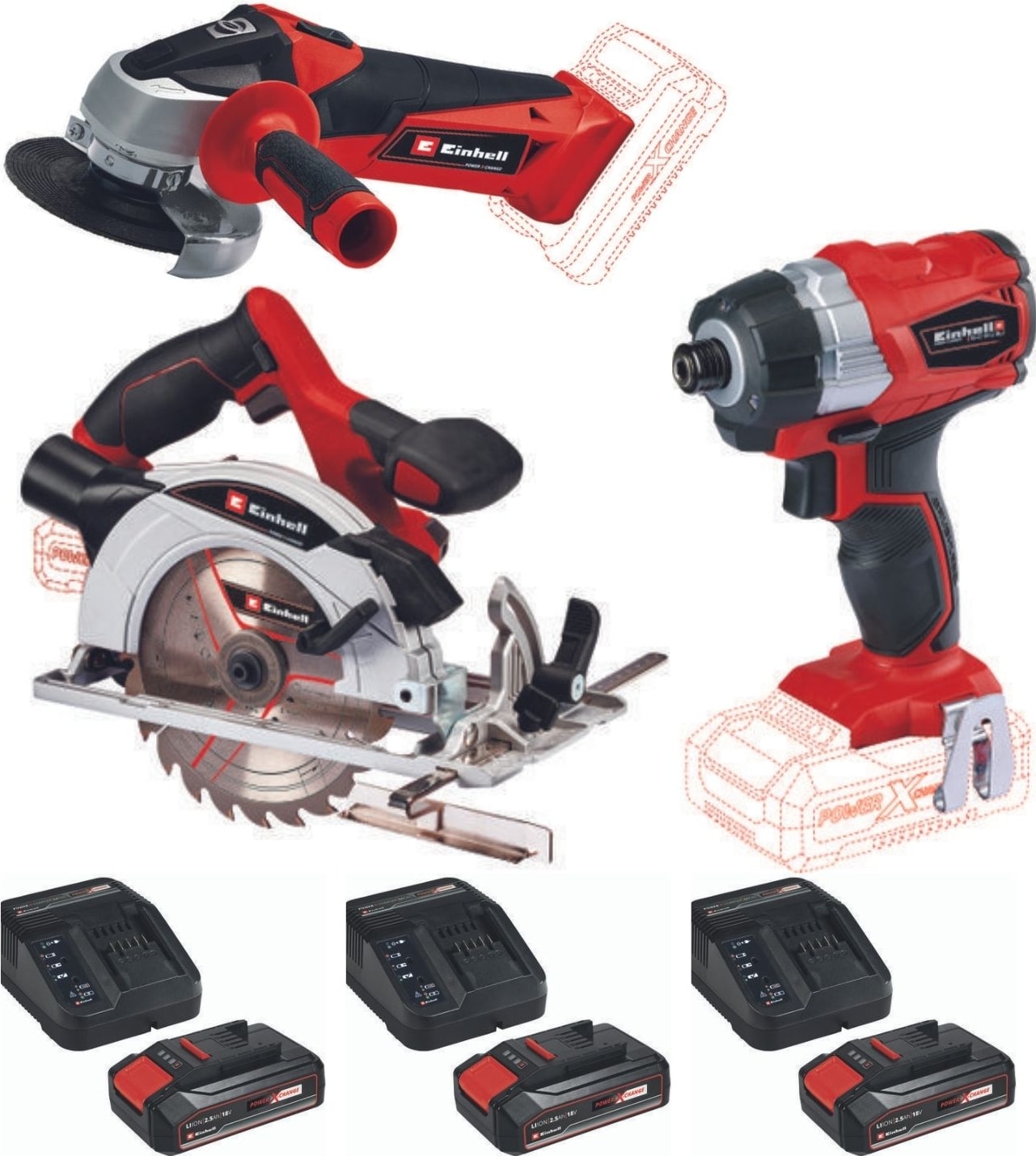 EİNHELL Te-Cı 18 Bl Torklu Vidalama Tc-Ag 18/115 Avuç Taşlama Te-Cs 18/150 Daire Testere 3X2.5AH Akülü Set