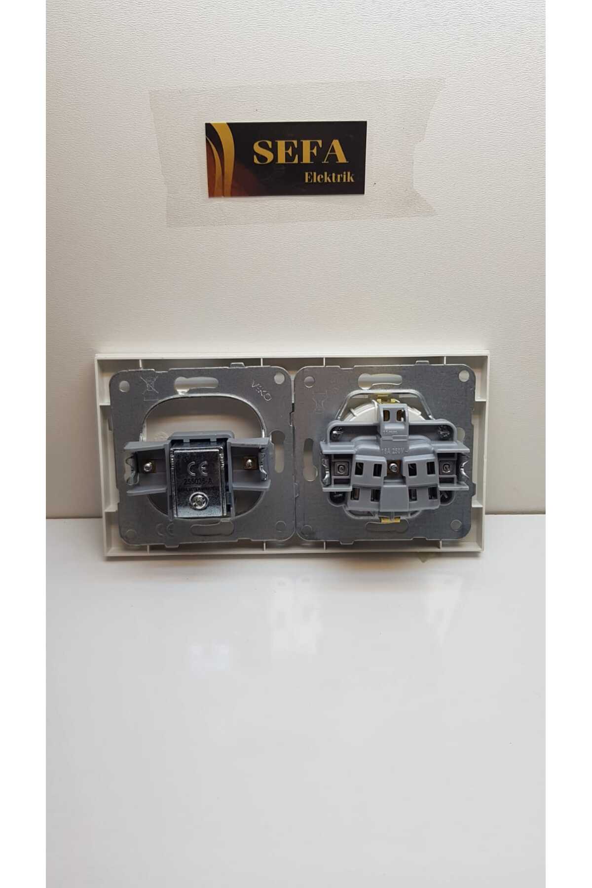 TOPRAKLI PRİZ UYDU PRİZİ ÇERÇEVELİ İKİLİ TAKIM BEYAZ  KARRE