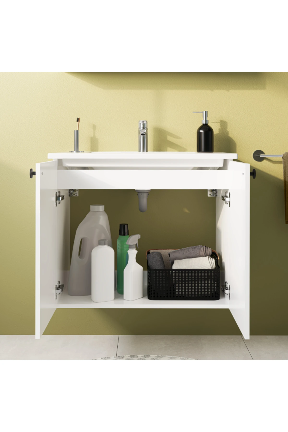 Shift T20 Banyo Dolabı Seti 80 cm – Lavabo, Dolaplı Ayna ve Batarya Dahil – Parlak Beyaz