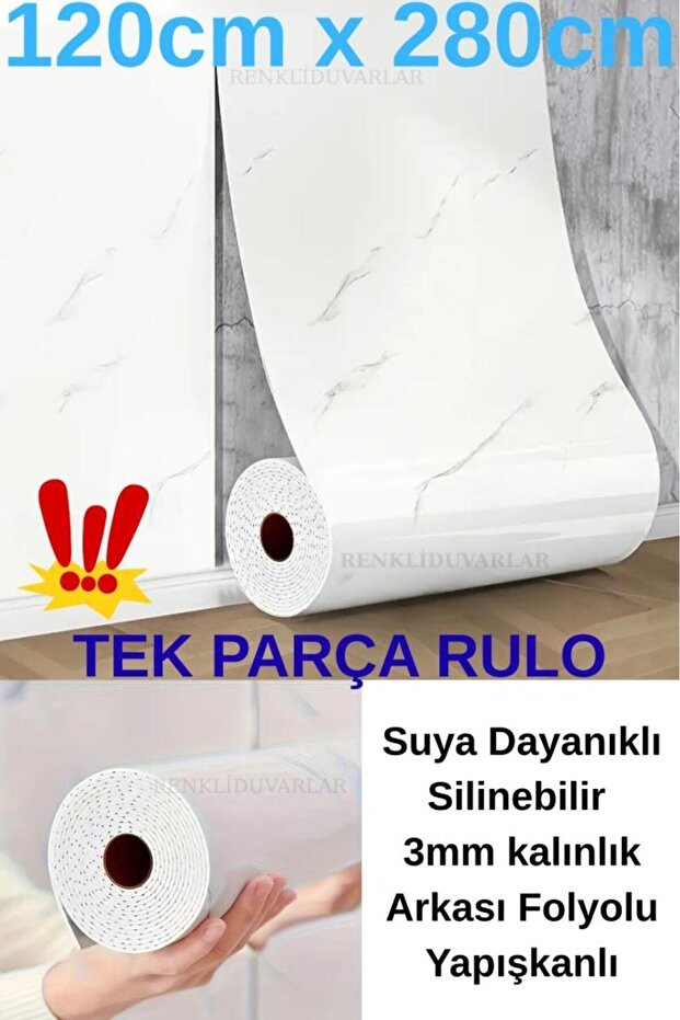 120cmx280cm Rulo Basıc Parlak Beyaz Mermer Desenli Yapışkanlı Duvar Paneli Kağıdı Banyo Wc Kaplama