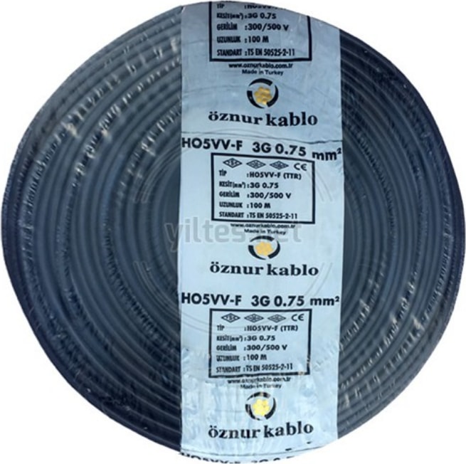 H05Vv-F 3 x 0,75 mm TTR Kablo Siyah Tam Bakır 5 m