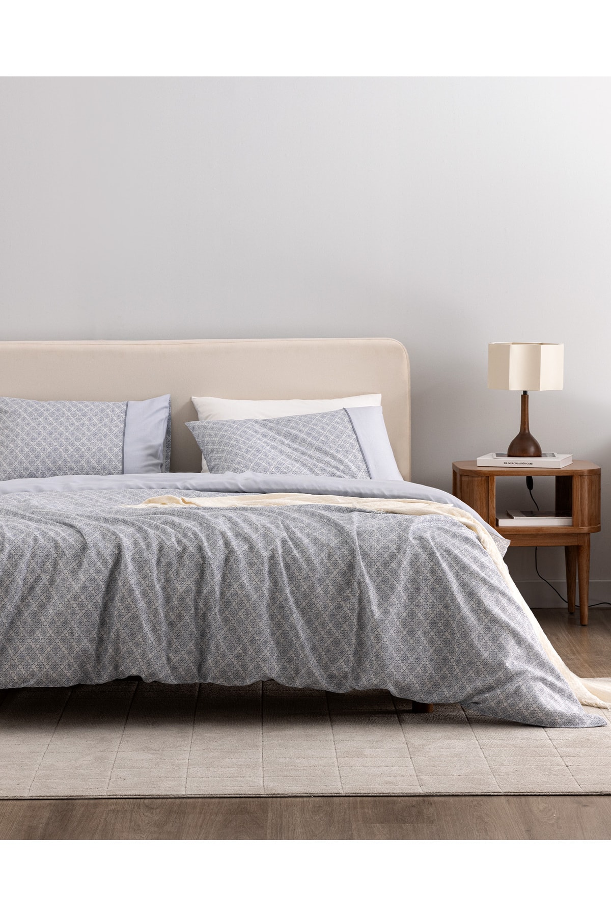 Clarice King Size %100 Pamuk  Crep Baskılı Nevresim Takımı - Mavi/Gri