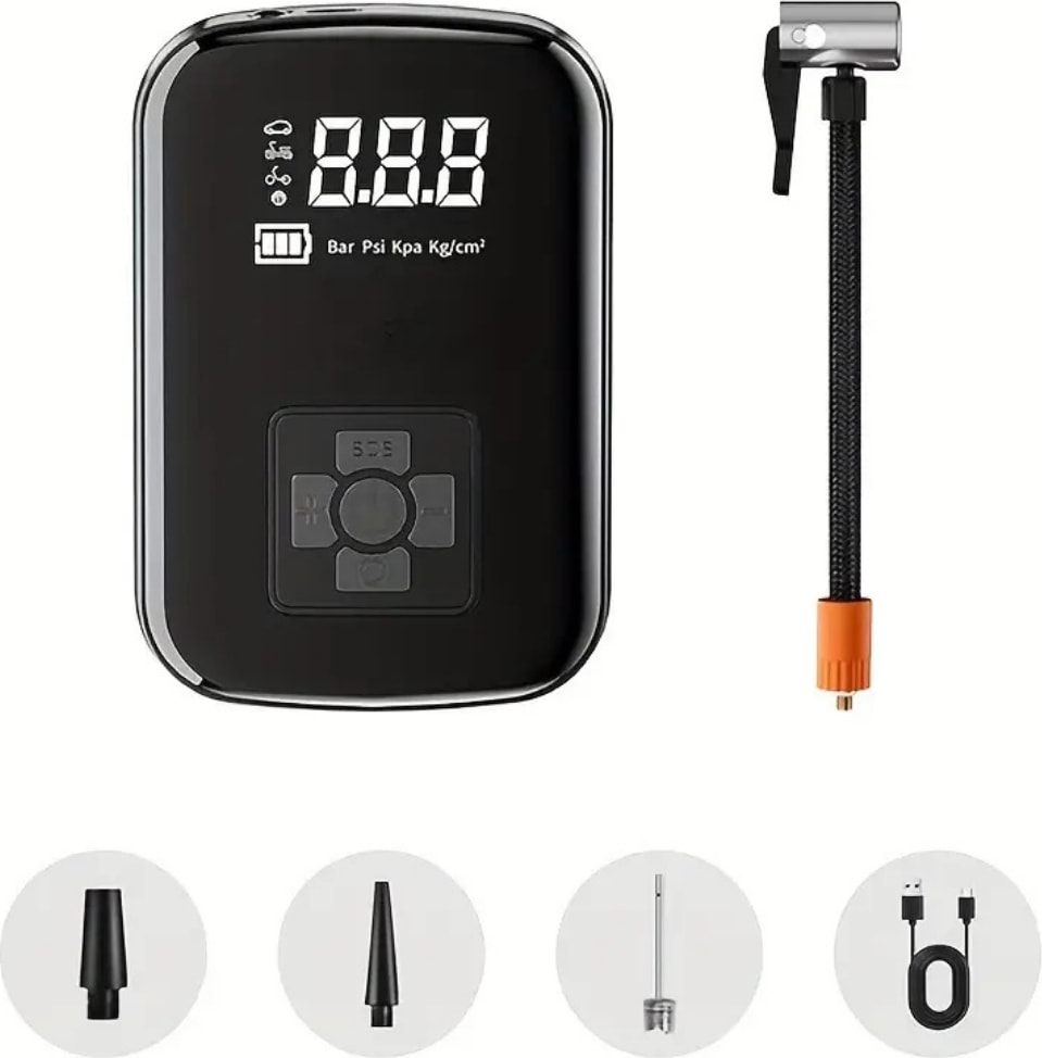 Hava Kompresörü, 150 Psı Dijital Göstergeli Oto Kompresör, Araba, Motosiklet, Bisiklet ve Top Için, Taşınabilir Şarjlı Kullanım, Fener Işığı, 4000 Mah Batarya, 3 Farklı Başlık (Psı,kpa,bar,kg/cm²)