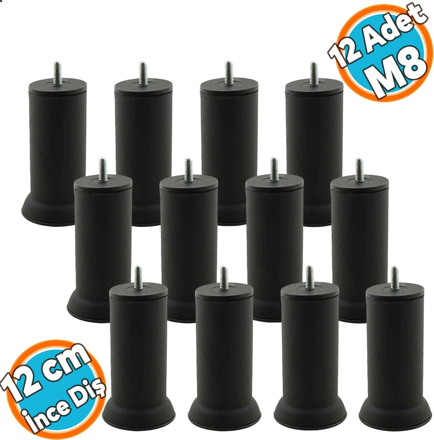Mobilya Yükseltici Baza Metal Kanepe Koltuk Destek Ayağı M8 Civatalı Ince Diş Siyah Metal Ayak 12 cm (12 Adet)