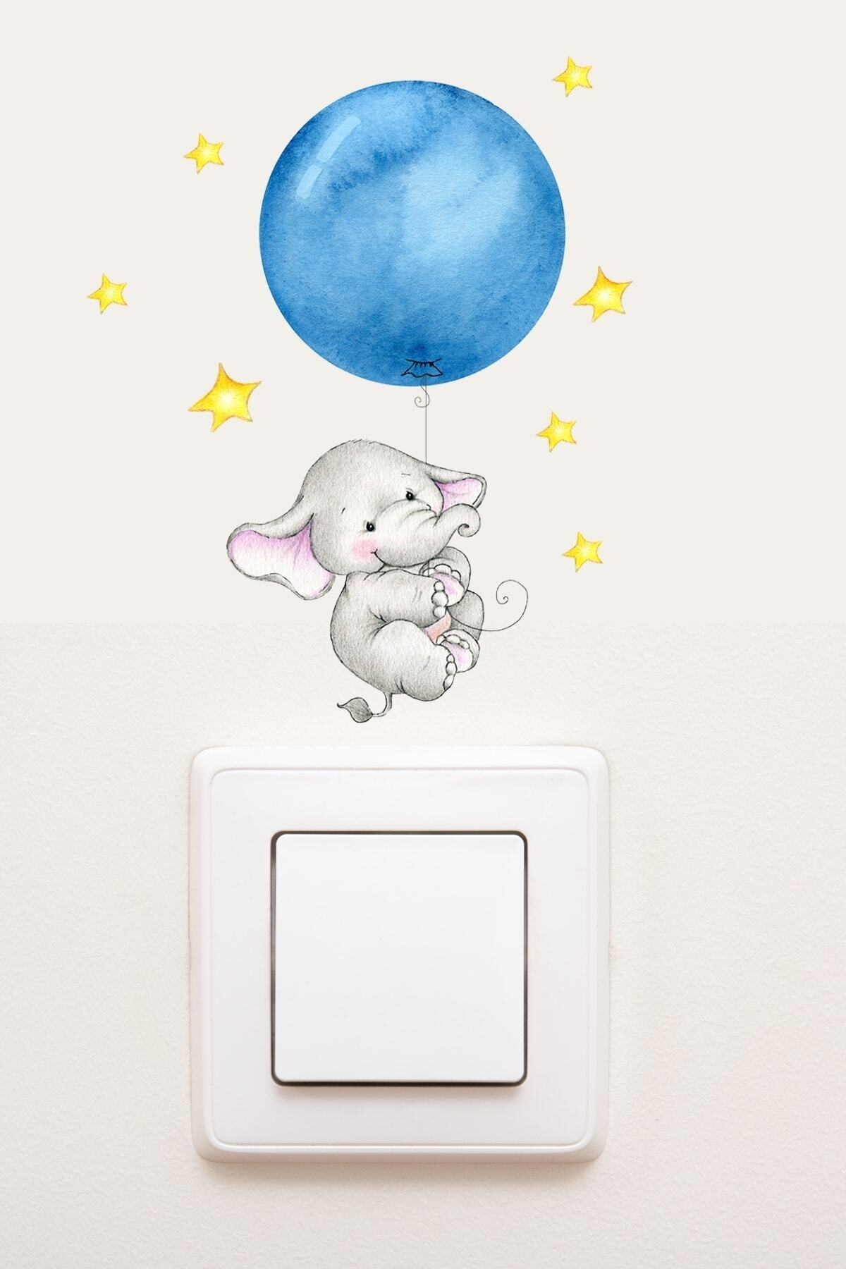 Priz  Mavi Balonlu Fil Dekoratif Priz Sticker