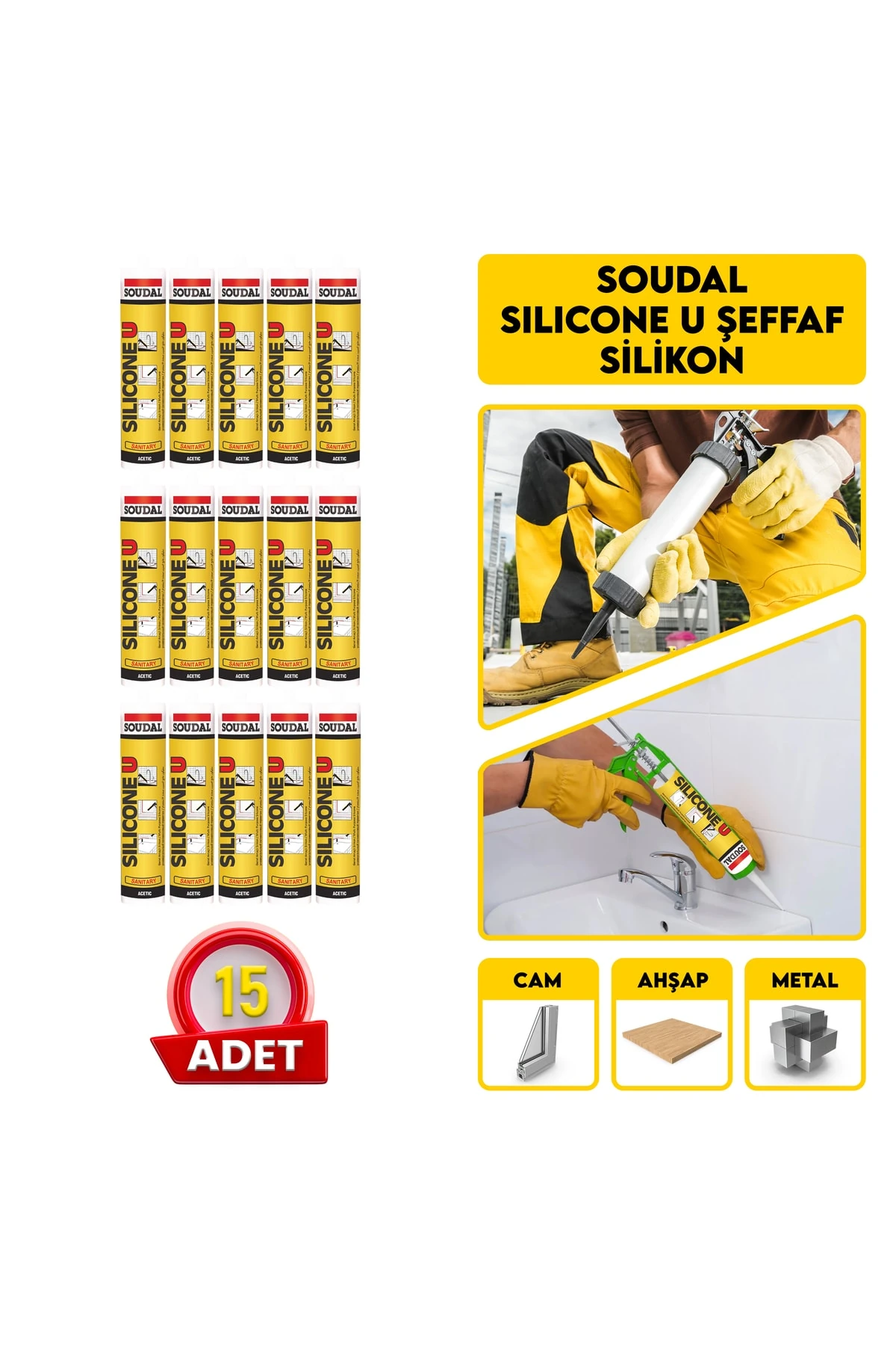 Silicone U Şeffaf Silikon | 15 Adet + Sert Plastik Silikon Tabancası