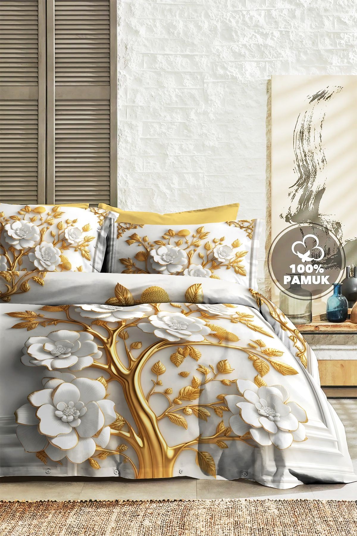 %100 PAMUK Ranforce Çeyizlik Luxury 5D Dijital Çift Kişilik Nevresim Takımı Dore