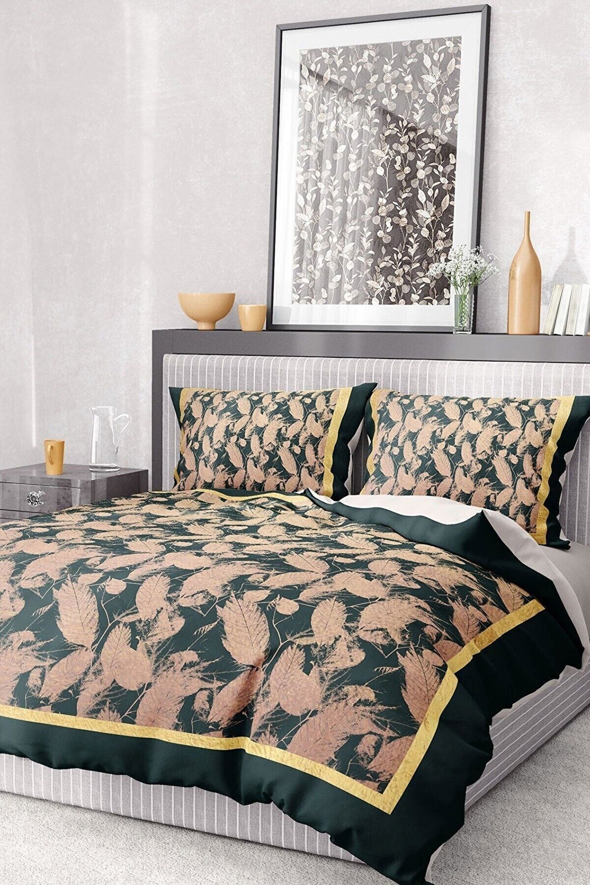 %100 Pamuk Saten Nevresim Takımı Lastikli Çarşaf Deluxe Çift Kişilik 3d Leaf