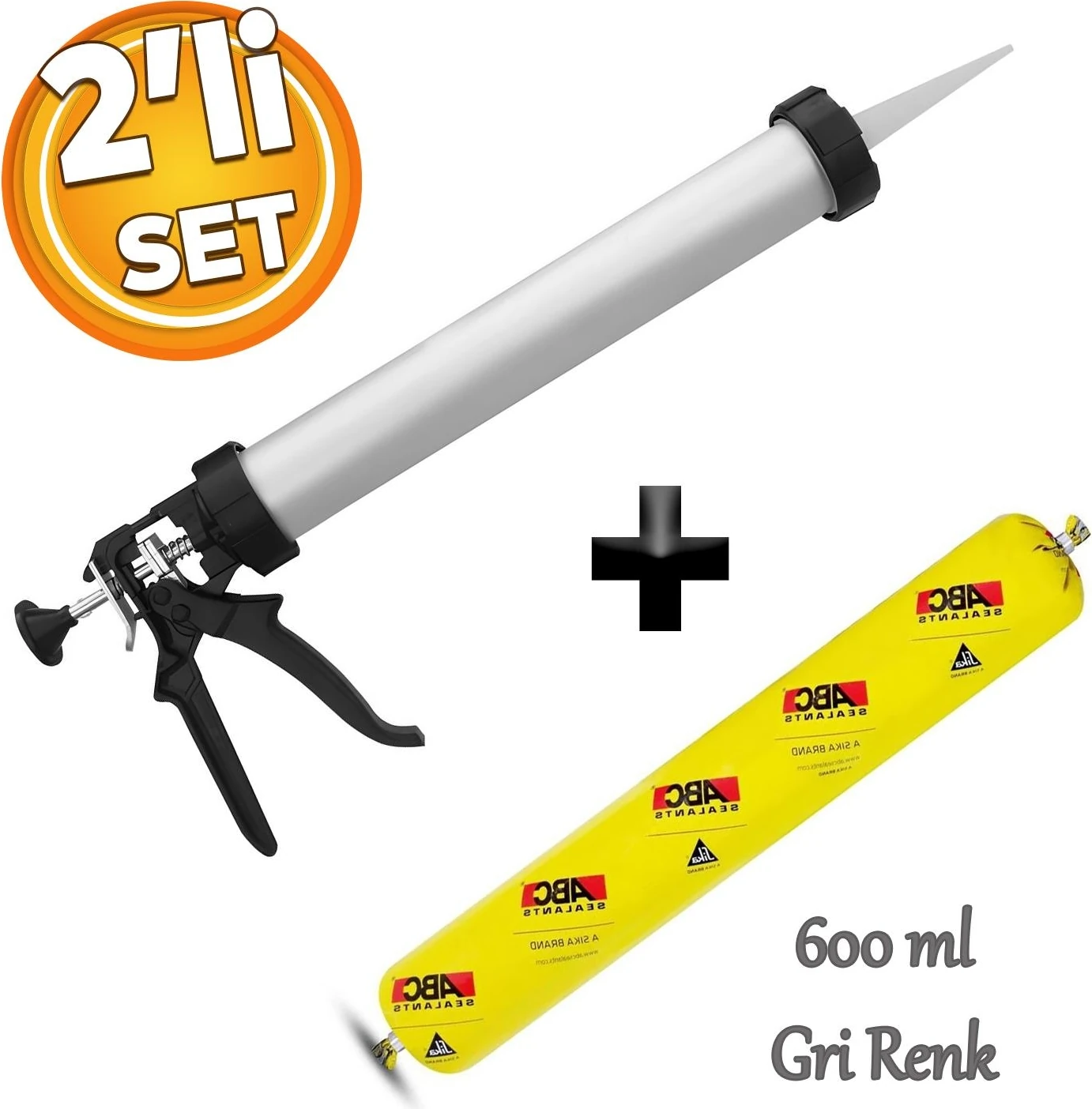 Sosis Pu Silikon Mastik Gri Renk 600 ml Tabanca Güçlü Yapıştırıcı Sızdırmaz Yalıtım Tabancalı Set