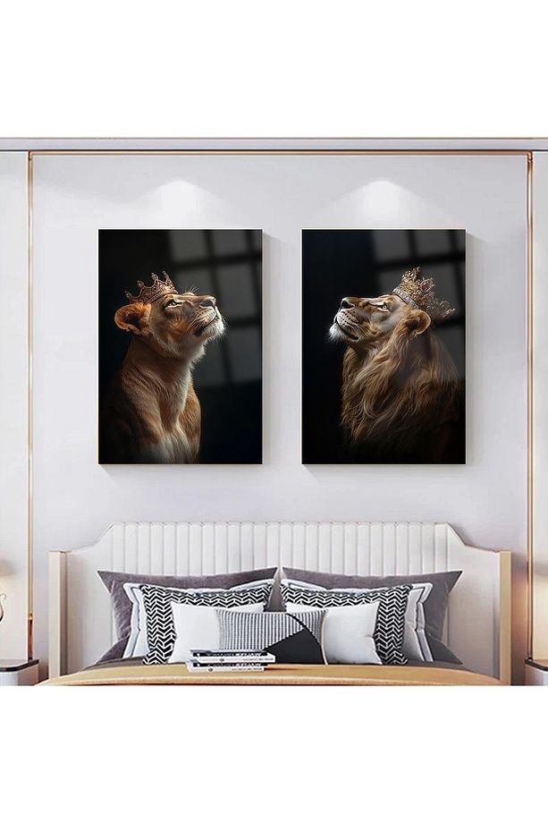 2 PARÇA ASLAN AİLESİ KRAL ASLAN VE KRALİÇE ASLAN KIRILMAZ CAM TABLO EV HEDİYESİ İŞ YERİ HEDİYESİ