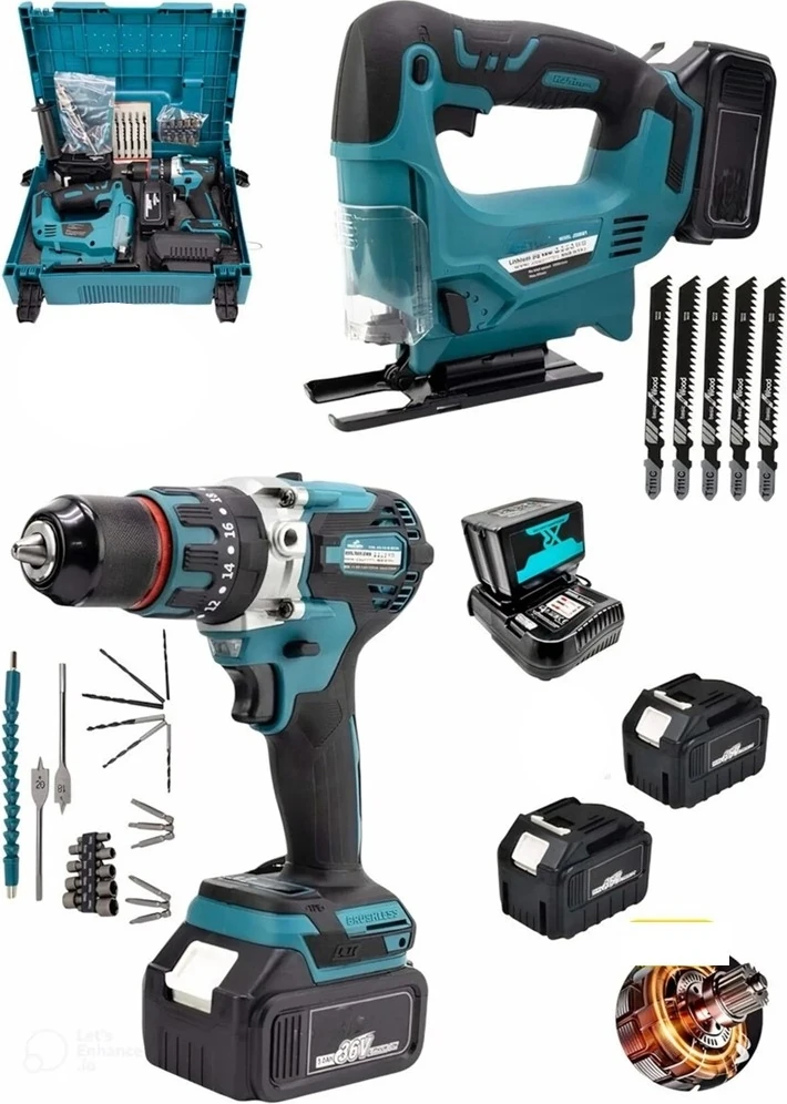 990F Çift Akülü Vidalama Matkap 13 mm Çelik Mandren ve Dekupaj Marangoz Ahşap Süper Set Makineleri