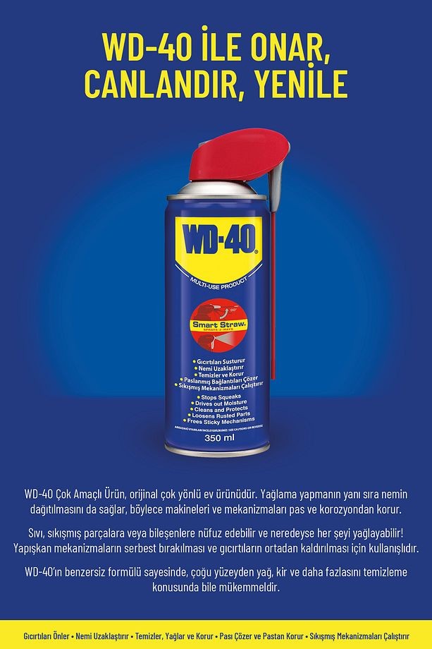 WD-40 Smart Straw Akıllı Pipetli Sıvı, Yağ Çözücü, Pas Sökücü, Temizleyici, Koruyucu, 350ml x 2 Adet