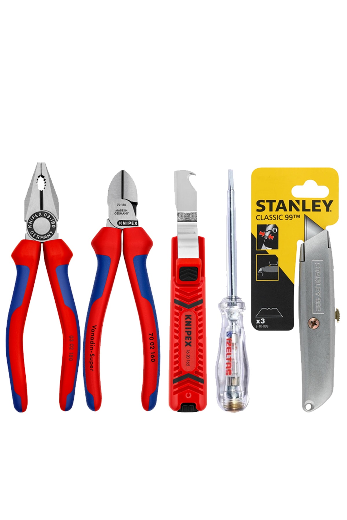5 Parça Profesyonel Usta Seti 180 Mm Pense 160 Mm Yan Keski, Kablo Sıyırma Made In Germany