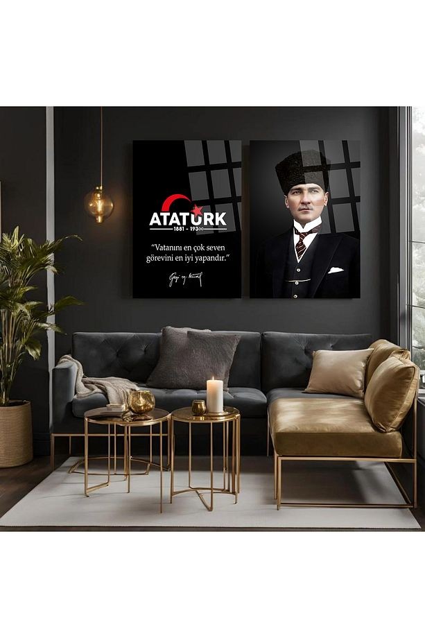2 PARÇA ATATÜRK MAKAM ODASI CAM TABLO "Vatanını En Çok Seven Görevini En İyi Yapandır." Ofis Hediye