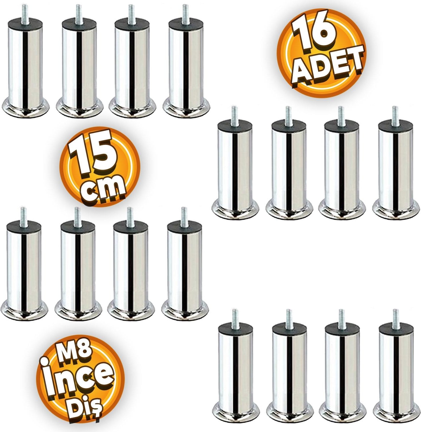 Mobilya Kanepe Baza Yatak Çekyat Koltuk Destek Ayağı M8 Krom Metal Ince Diş Ayakları 15 Cm 16 Adet