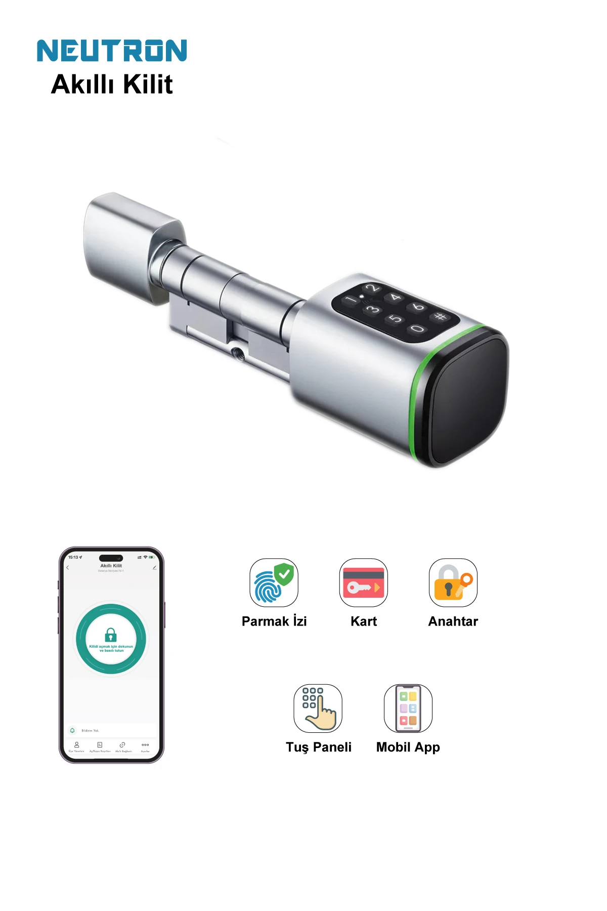 NTL-SC-02FKPW Parmak izi, Anahtarlı, Tuşlu, Kartlı ve Uzaktan Kontrollü Akıllı Kapı Kilidi Gri