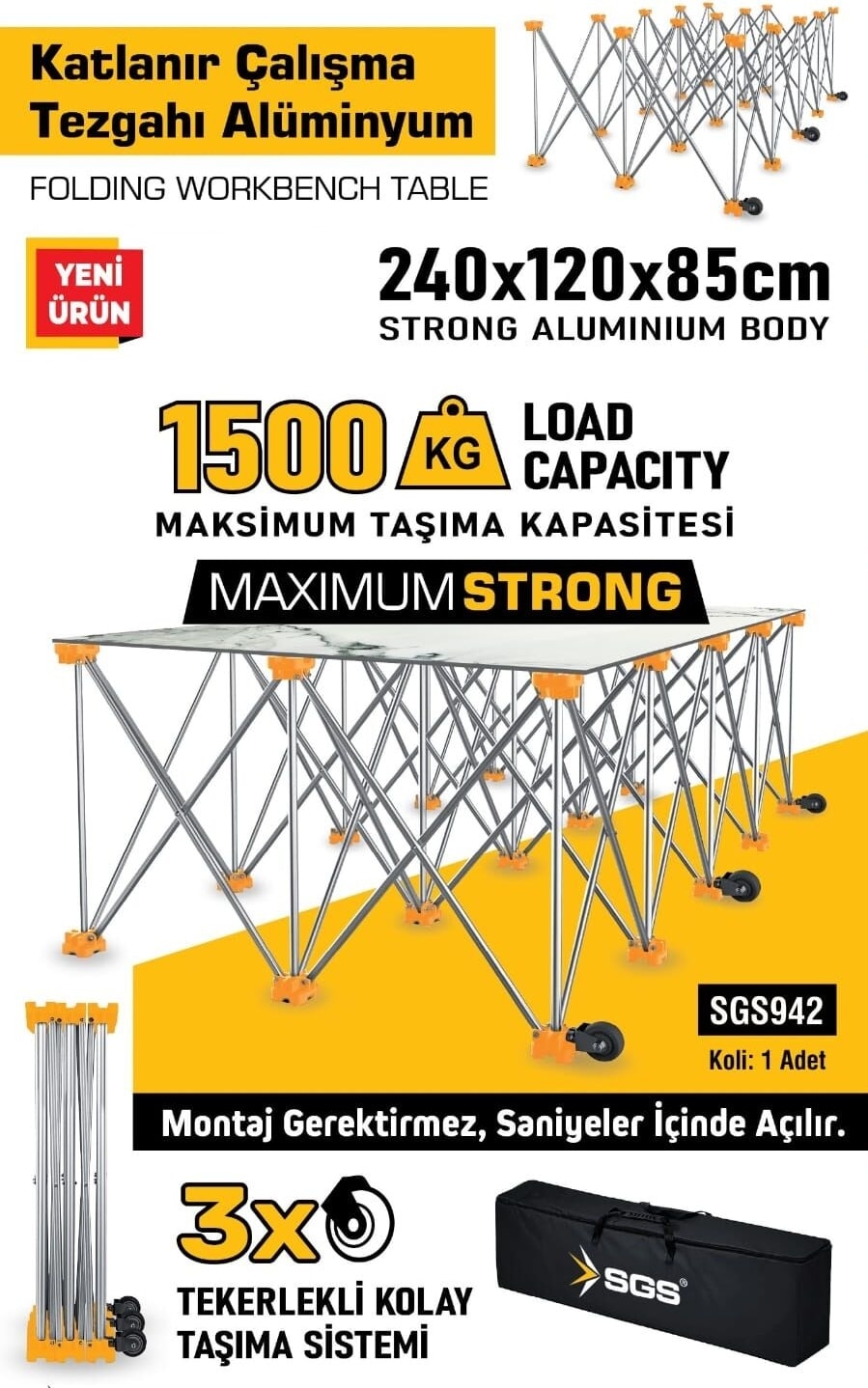 SGS942 - Seramik Fayans Katlanır Çalışma Tezgahı Alüminyum 240 x 120 x 185CM