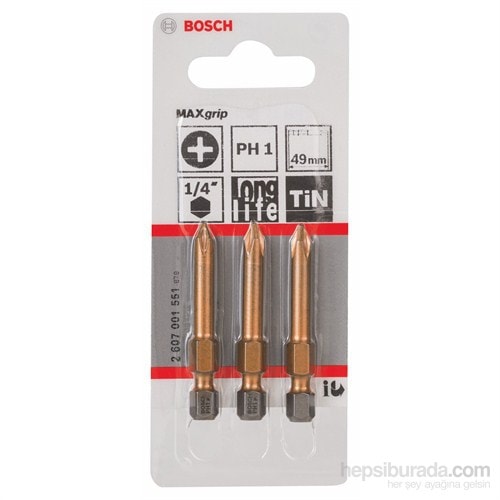 BOSCH - 3'Lü Paket - Max Grip Serisi Vidalama Ucu - Ph 1, 49 Mm