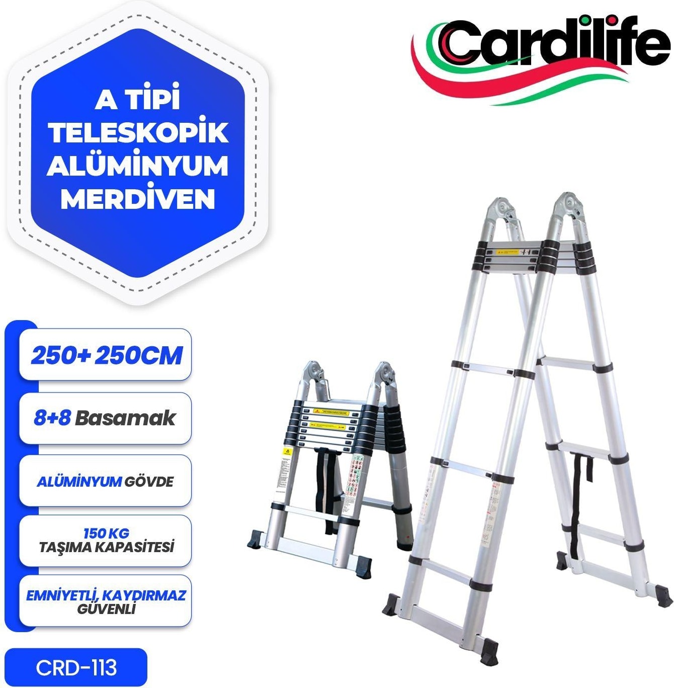 250 + 250 Cm. - 8+8 Basamaklı Alüminyum Teleskopik Merdiven - A Tipi Uzayan Merdiven