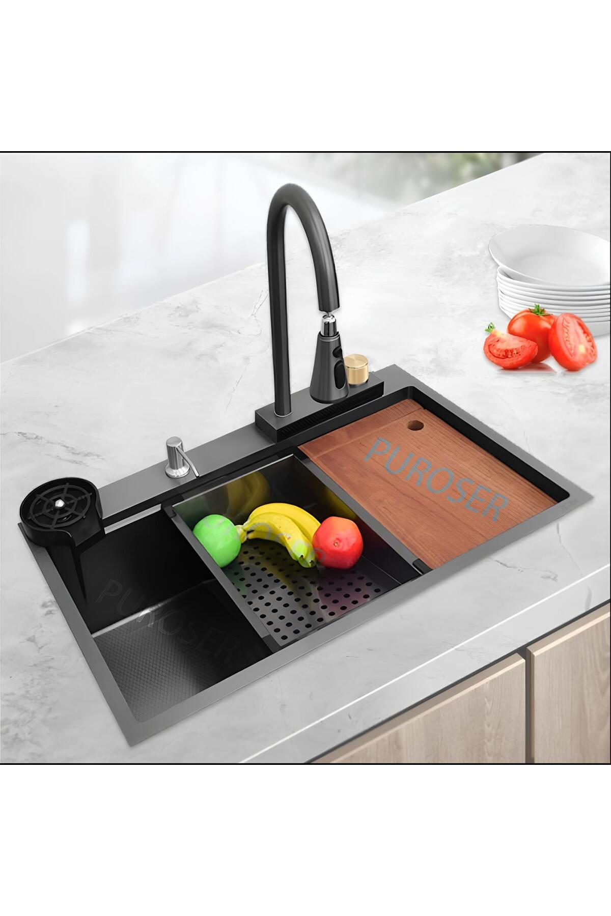 Teknolojik Mutfak Eviye Seti Siyah (KROM EVYE) Şelale Evye 3 Fonksiyonlu Bataryası Dahil