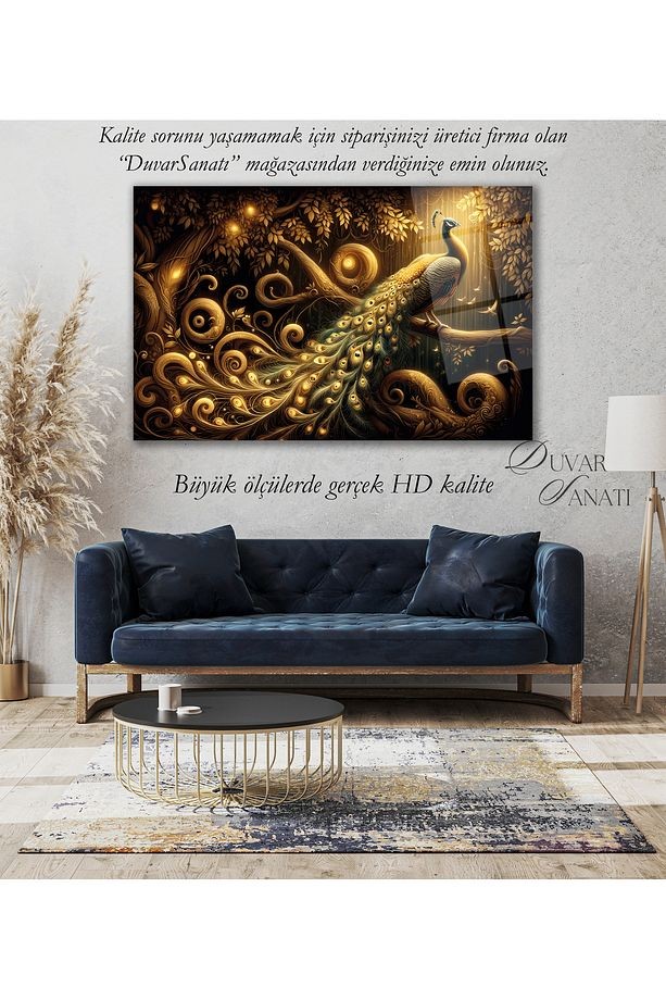 Tavus Kuşu Modern Cam Tablo Ev Ofis Salon Hediyelik Soyut Büyük Tablo