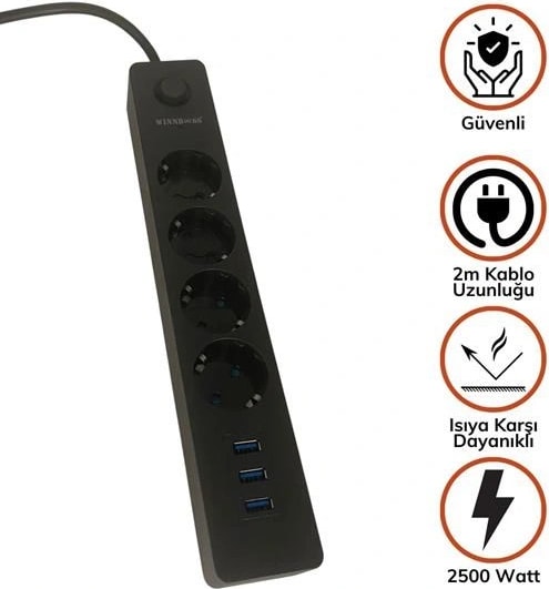 Termak Akım Korumalı 4 Priz 3 USB Girişli Uzatma Kablosu Güç ve Şarj Siyah Renk Gönderilir (5047)