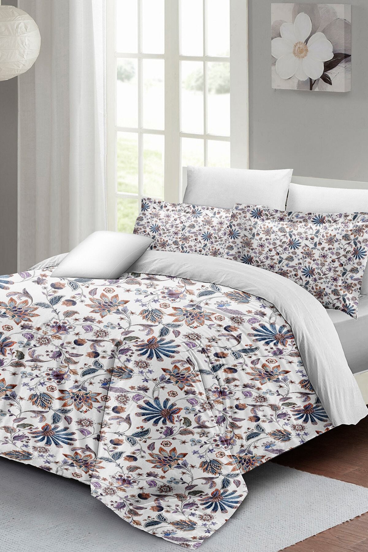 Kıng Sıze Elegant Floral Luxury Çift Kişilik Pamuk Saten Nevresim Takımı 220x240cm