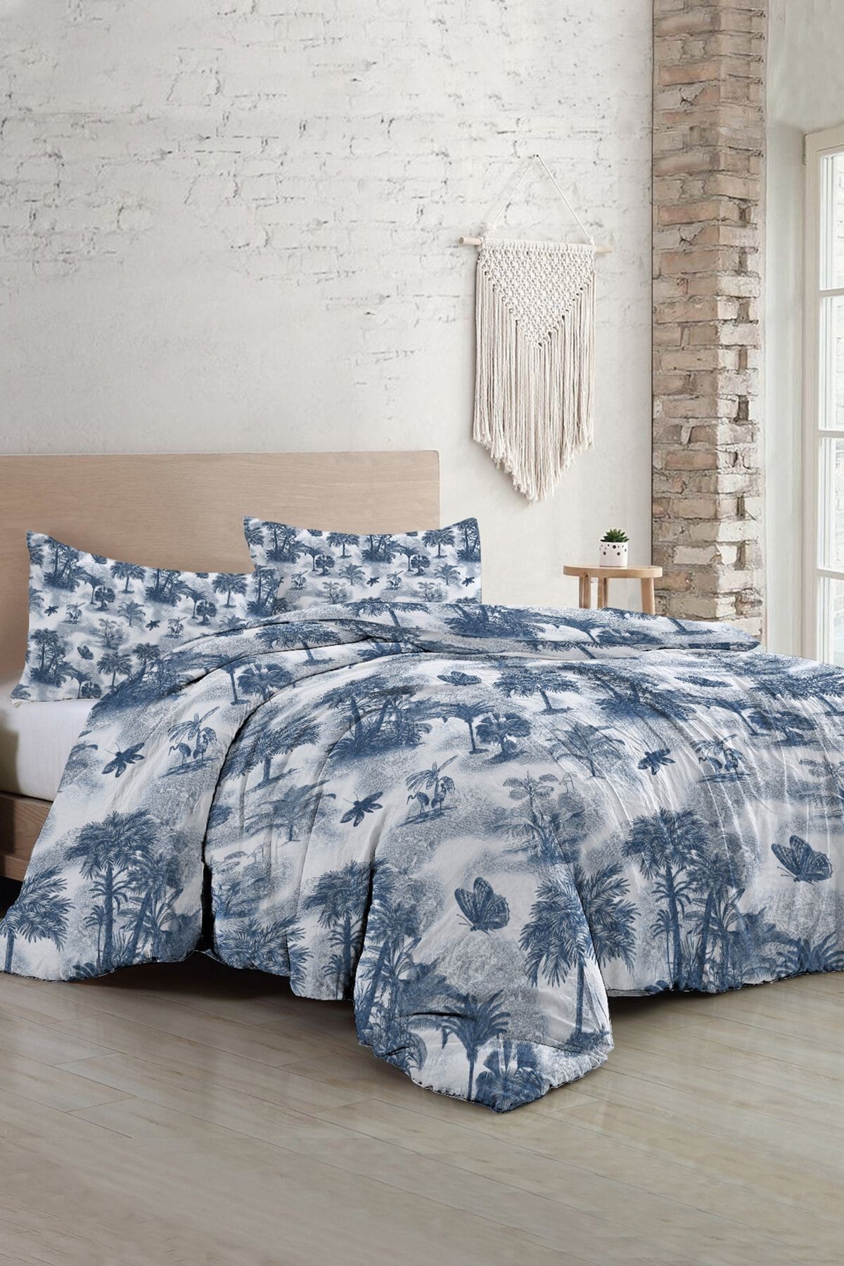 Çift Kişilik Nevresim Takımı Özel Dokuma Pamuk Saten Tuval Koleksiyonu Palm Indigo