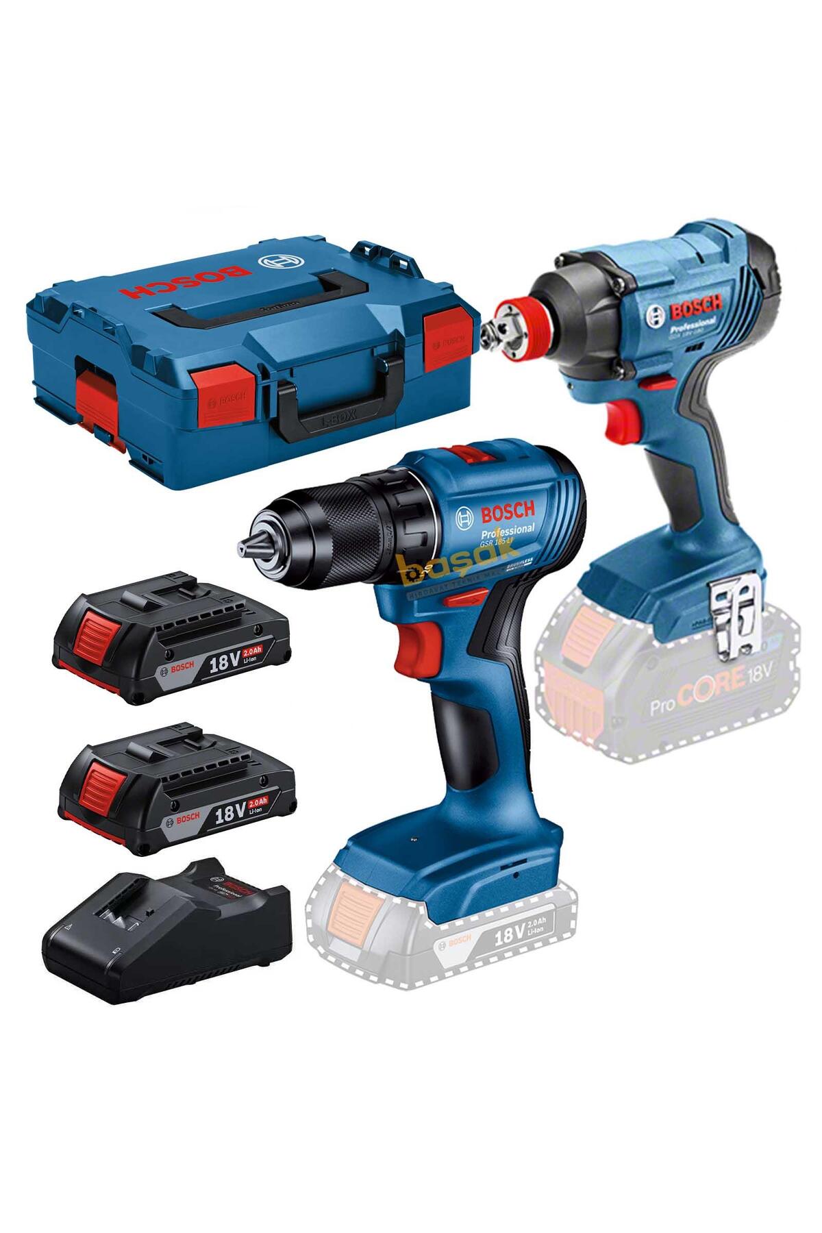BOSCH 2'li Darbeli Vidama ve Matkap Akülü Set GDX 18V-285+GSB 185-LI 2x2 Ah 06019N2124