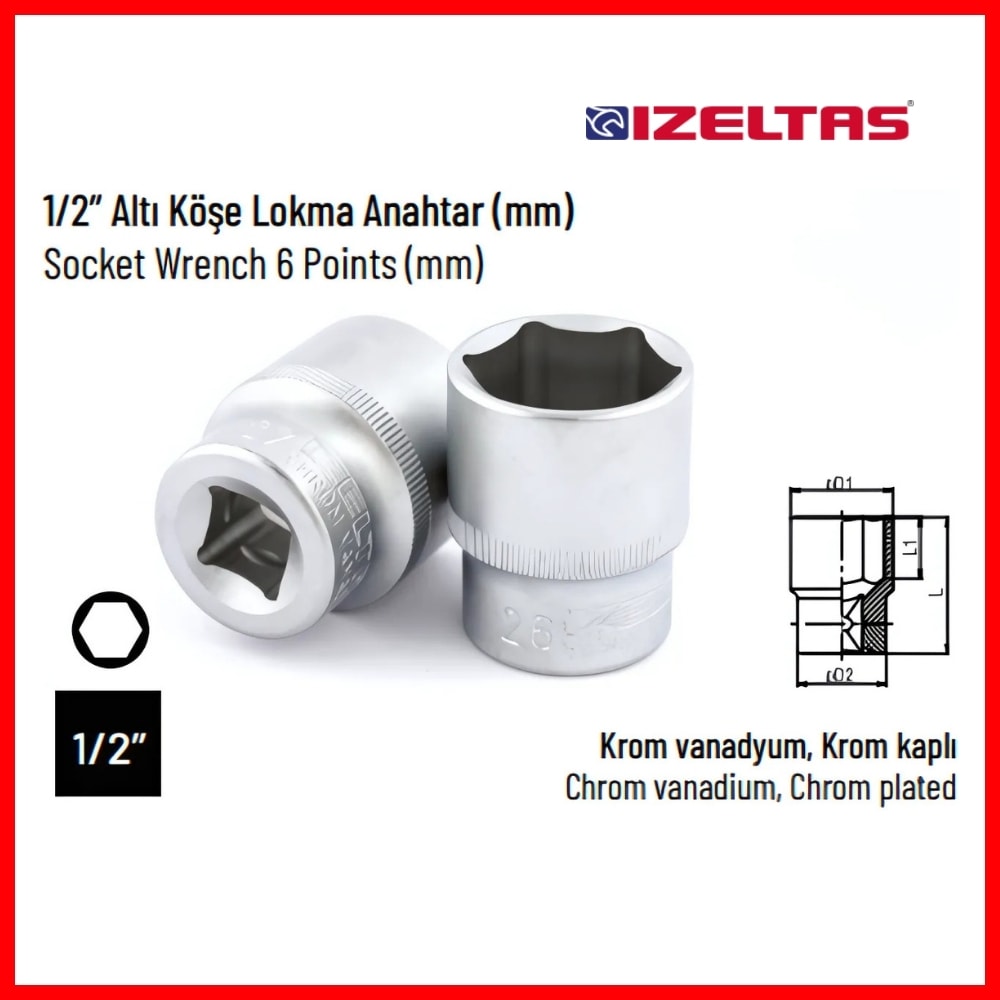 Altı Köşe Lokma Anahtar, 1/2 İnç 22 mm, Yüksek Tork Dayanımı