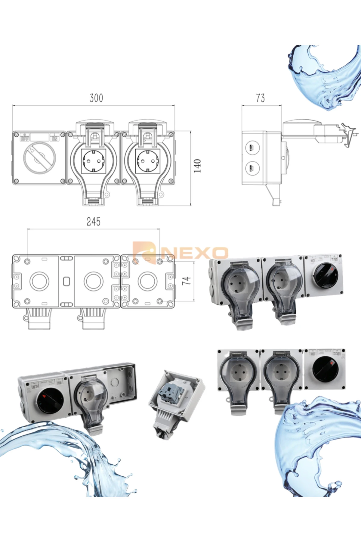 Su Geçirmez şalterli 2'li priz (IP 66)