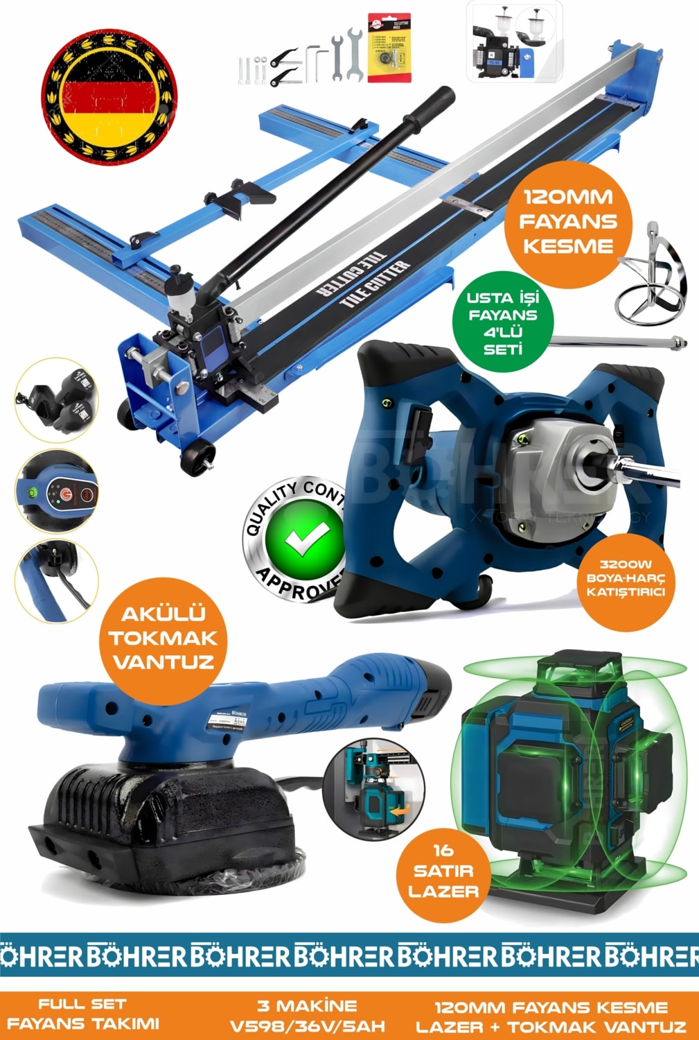 Alman Pro BA01077M 4'lü Usta Fayans Seti - 120MM Fayans Kesme + Tokmak Vantuz + 16 Satır Lazer Hizalama Makinesi +3200W Karıştırıcı