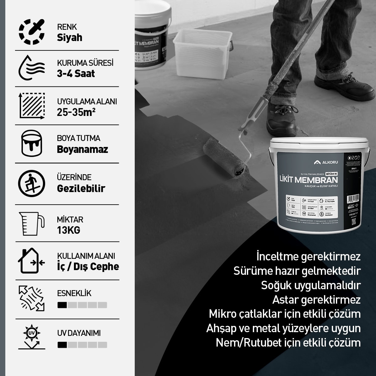 10 Adet 13 kg Bitüm 1k Likit Membran Kauçuk ve Elyaf Katkılı Sıvı Su Yalıtım Malzemesi Avantaj Paket