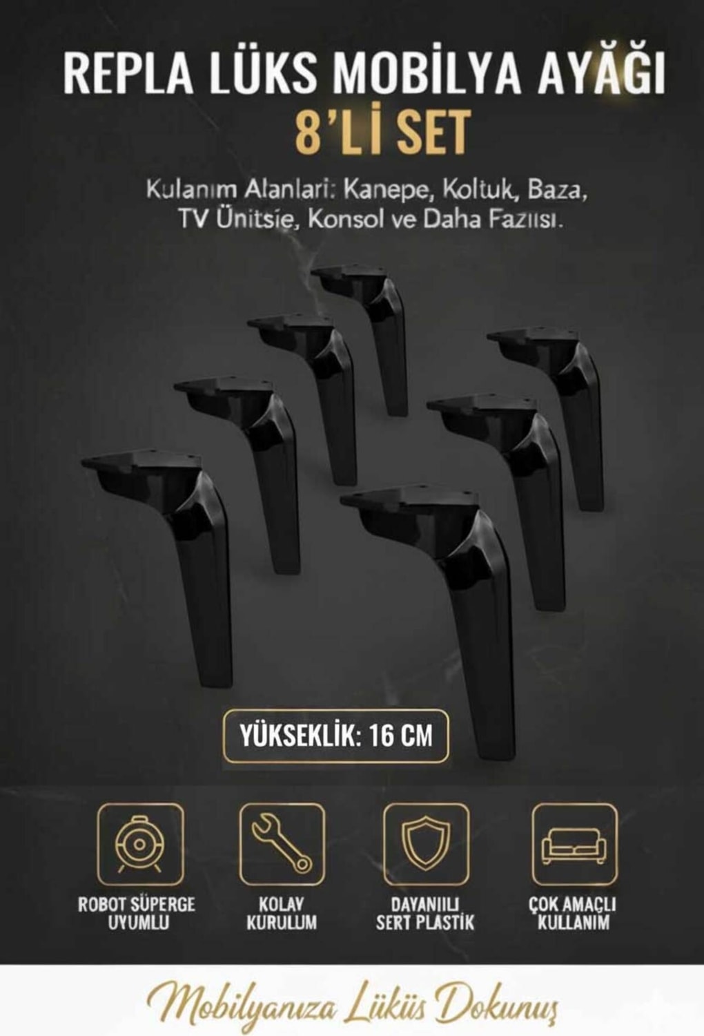 Repla Mobilya Kanepe Tv Ünitesi Koltuk ve Konsol Dolap Ayağı 16 cm Siyah