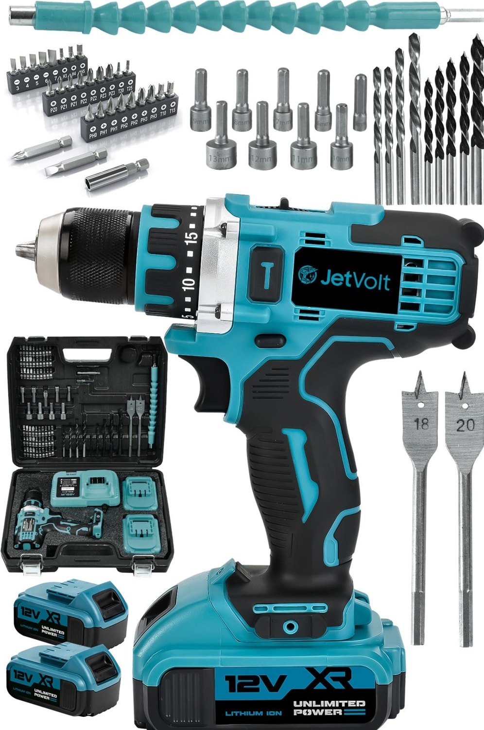 12V 2.0AH Çift Akülü Matkap Seti, 84 Parça, Metal Şanzıman, Bakır Sargı, Mavi