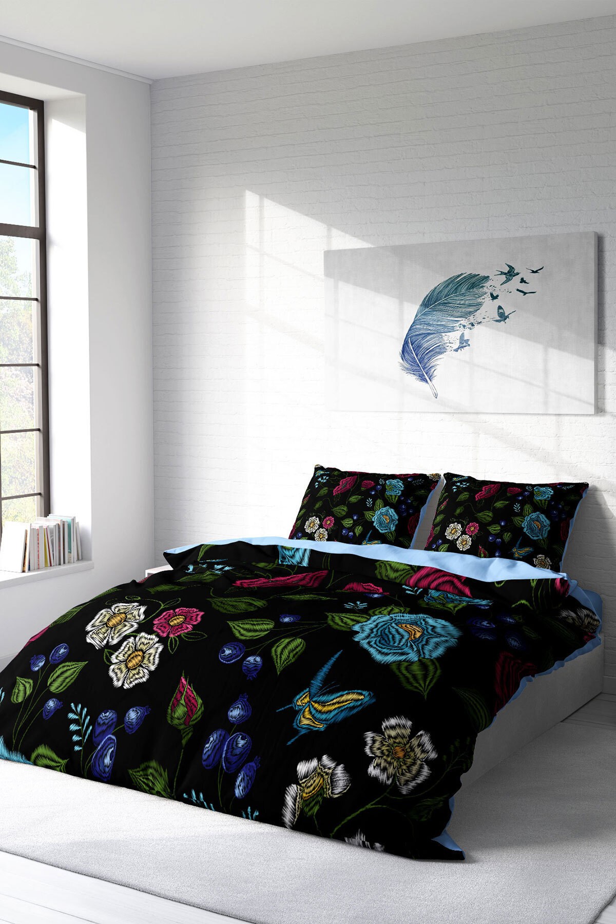 Lastikli Çarşaflı %100 Pamuk Saten Çift Kişilik Nevresim Takımı Flower Black