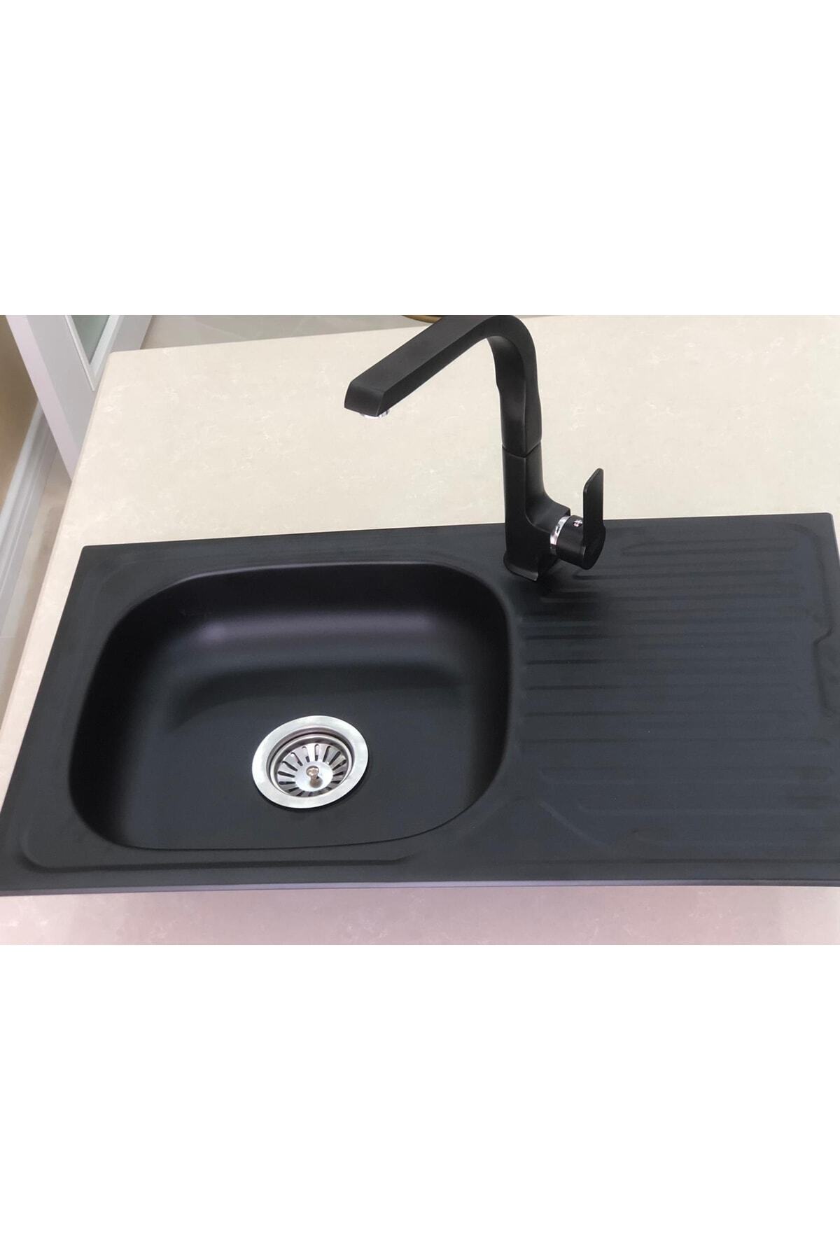 Siyah Grenli Granit Desen Kaplamalı Sağ Damlalıklı 43.5 X 86cm Ölçülerinde Paslanmaz Evye