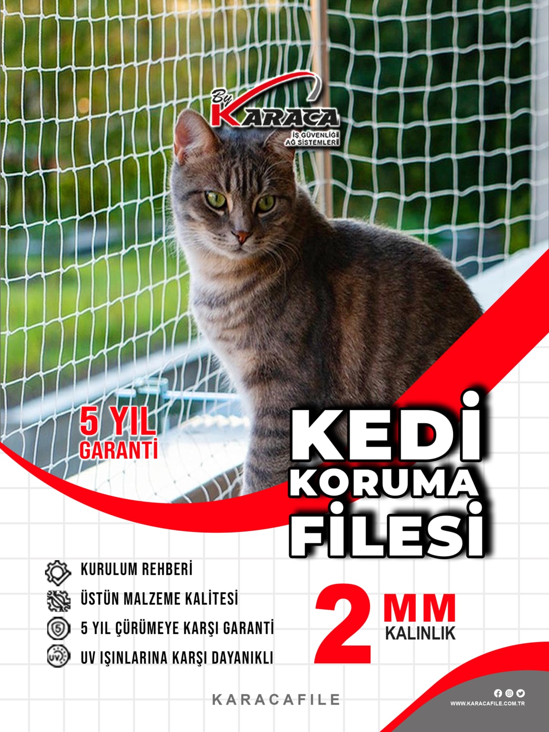 Kedi Balkon Güvenlik Filesi 1.5x3 mt 2mm Ip Kalınlığı 4x4 Göz Aralığı+ Montaj Aparatları (Beyaz Veya Siyah)