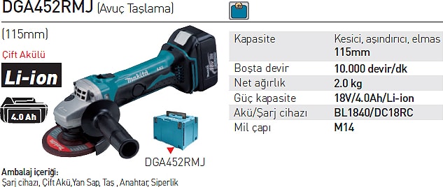 MAKİTA Dga452Rmj 115 Mm Lityum Akülü 18 Volt Avuç Taşlama Makinası 115 Mm