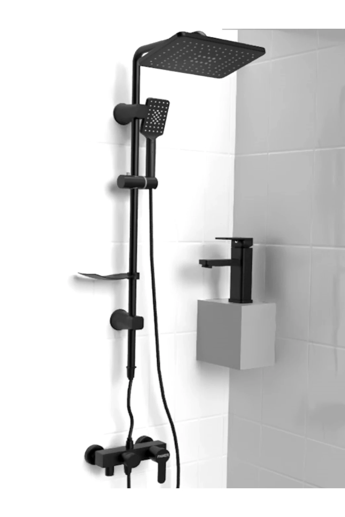 Siyah Banyo Bataryası&lavabo Bataryası& Fawer Siyah Robot Duş Seti-602b3