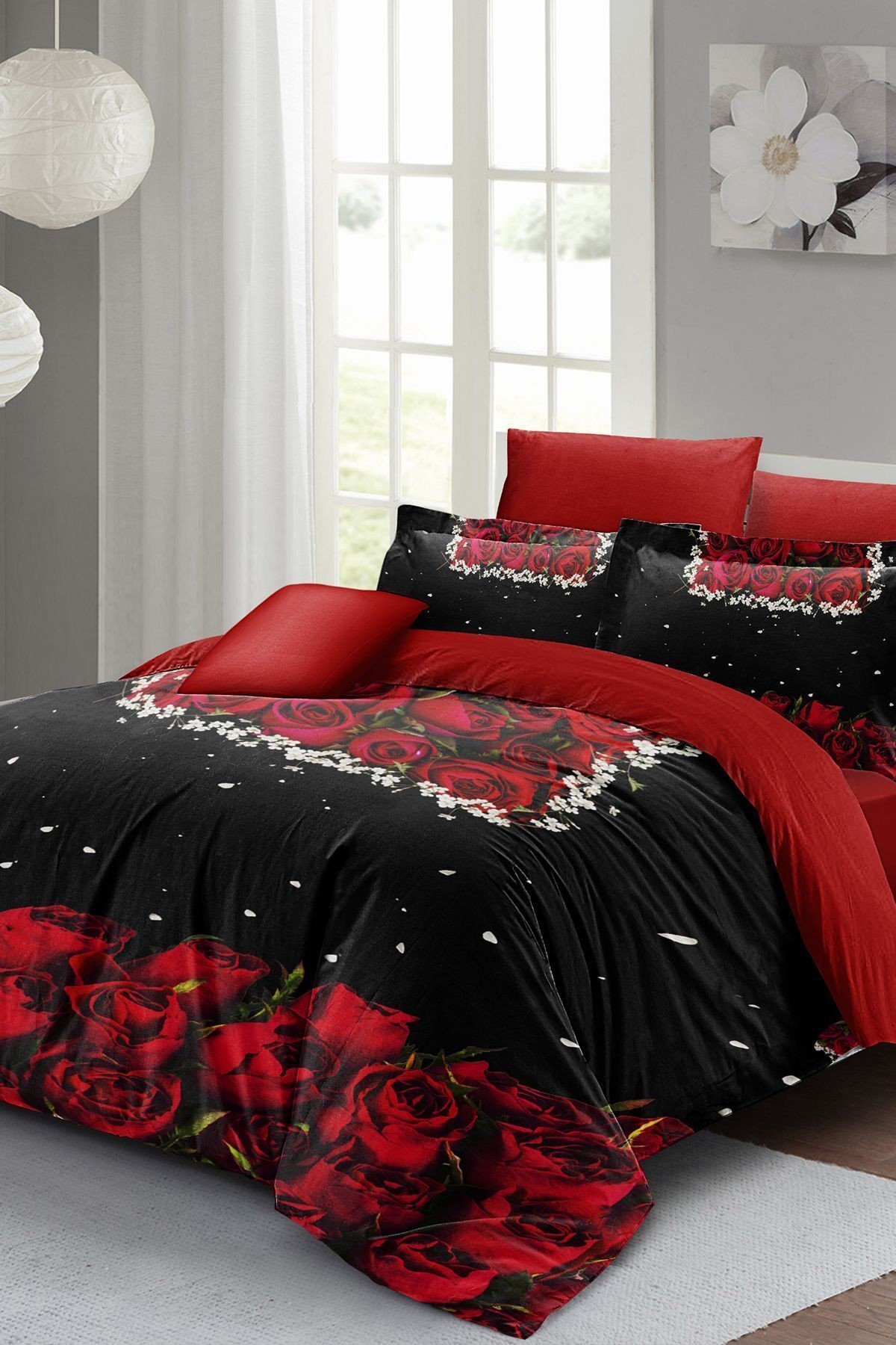 Lastikli Çarşaflı %100 Pamuk Saten Çift Kişilik Nevresim Takımı Black Rose
