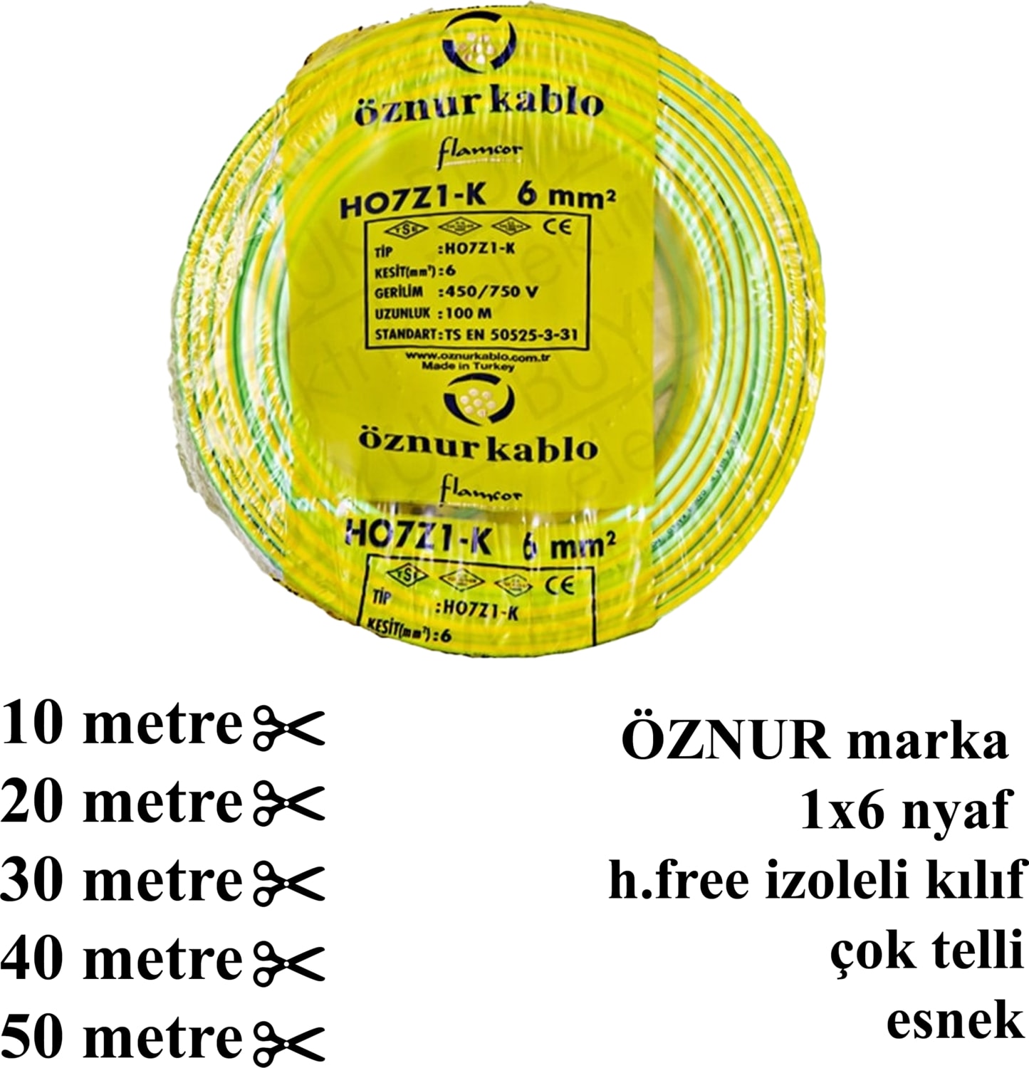 1x6 H07V-K, Nyaf Sarı/yeşil Topraklama H.free Kablo