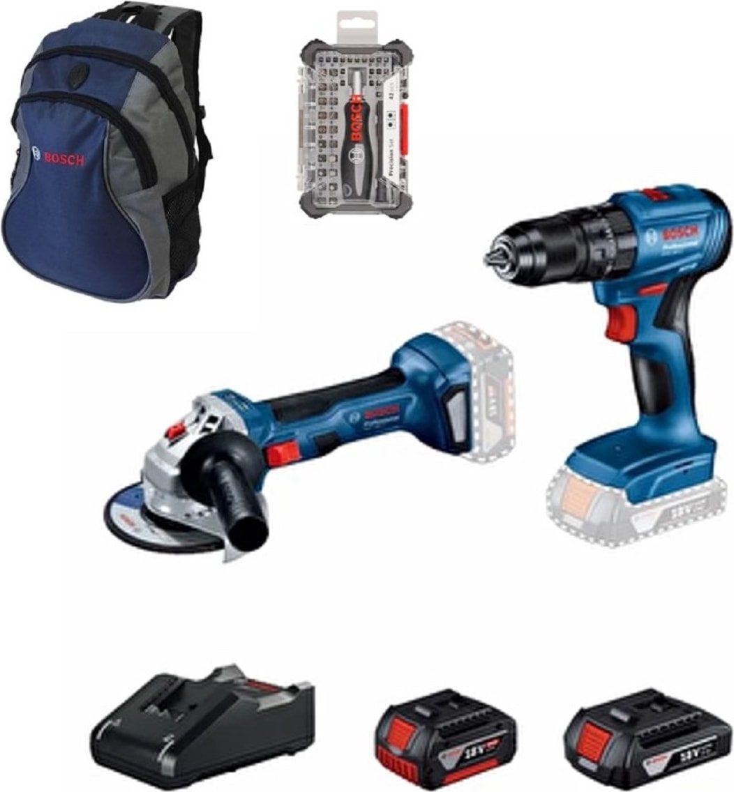BOSCH Professional GWS 180-LI + GSB 185-LI 18V Akülü Vidalama 2+4 Ah Çift Akü Set - 06019H9026 +  42 Parça Hassas Vidalama - Bits Ucu Seti - 2607002835 +  Sırt Çantası (Yeşil)