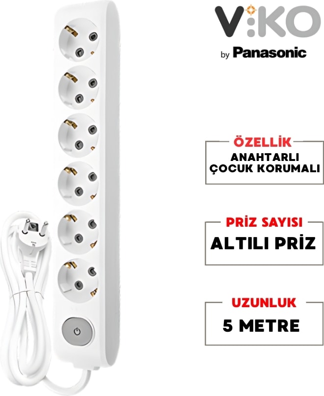 | Altılı Grup Priz, Anahtarlı Topraklı - Çocuk Korumalı Çoğaltıcı Priz [Altılı, 5 Metre, Beyaz]