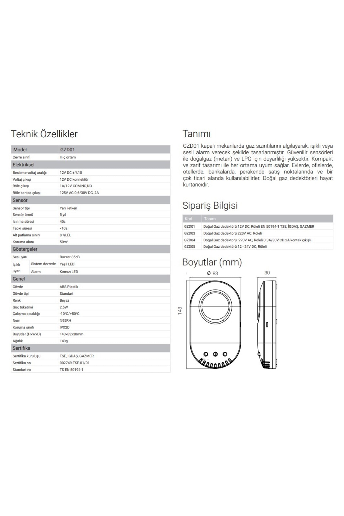 Gzd01 Dogalgaz Ve Lpg Gaz Dedektörü (12V) Igdaş Ve Gazmer Onaylı