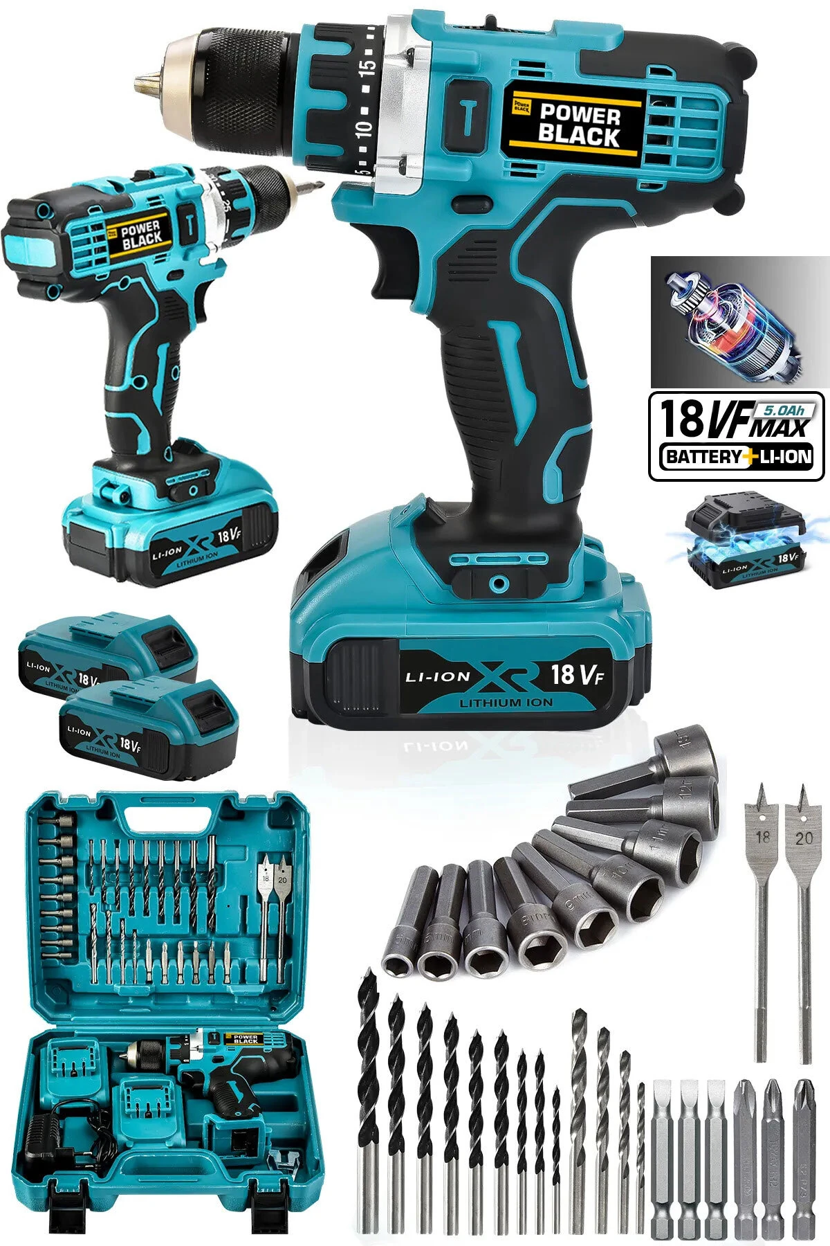 Pro Germany Technology Şarjlı Matkap Çelik Şanzuman Çift Akülü Li-on Batarya 30 Parça Powerblack